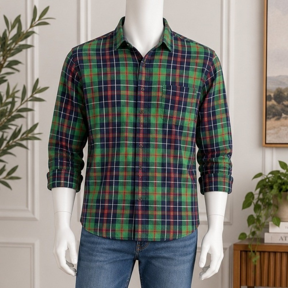 L.L. Bean Mens Flannel Shirt Green Navy Plaid Traditional Fit XL